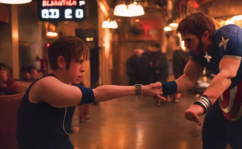 Prompt: cinestill 5 0 d candid photographic portrait by helen levitt of elton john fighting captain america in hand - to - hand combat, modern, moody, emotional cinematic, in a bar, 8 k, hd, high resolution, 3 5 mm, f / 3 2, ultra realistic faces, ex machina