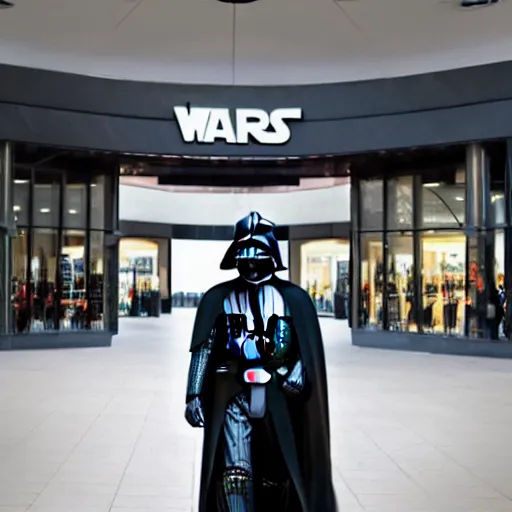 Prompt: Darth Vader going to the mall, cinematic