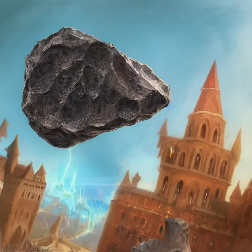 Image similar to A Giant magical gem meteorite in the middle the plaza of a medieval city, beautiful, concept art, sharp focus, highly detailed, intricate, still, photograph, fantasy, medieval, midday, day, sunny, shimmering, realistic, 8k, award winning, trending on artstation, Dungeons and dragons, tabletop, in the style of Wizards of the coast