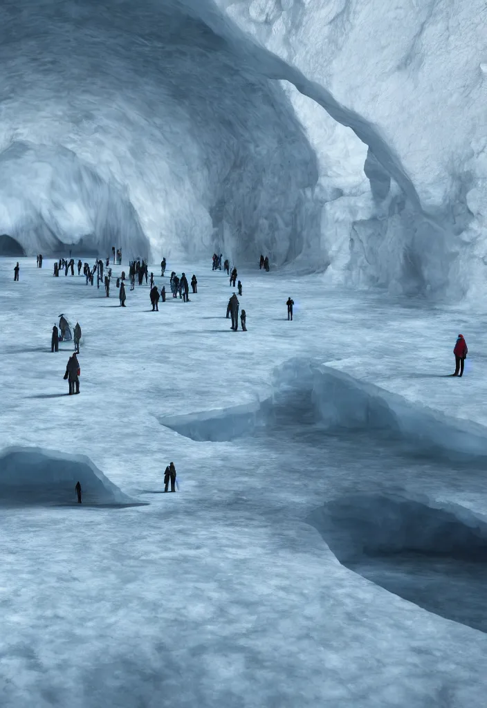 Prompt: Multiple connecting tunnels in antartica bellow thin ice, multiple people moving around the tunnels, facinating and imposing, fantasy digital art, octane render, beautiful composition, trending on artstation, award-winning photograph, masterpiece