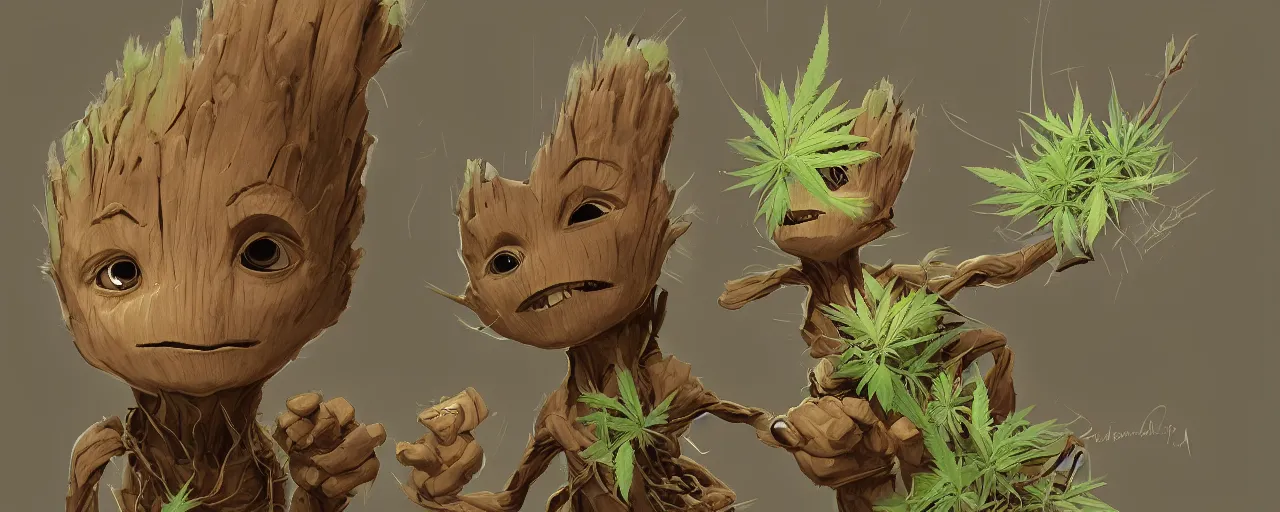 Image similar to duotone concept illustration 3 / 4 portrait of baby groot wearing cannabis hat, hemp, marijuana!, cinematic volumentric lighting, jim cheung, david marquez, mike deodato jr, ilya kuvshinov, makoto shinka, behance hd by jesper ejsing, by rhads, hyper detailed, octane render, concept art, artstation