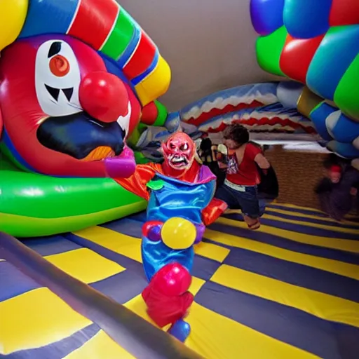 Prompt: chased by a scary clown in an endless corridor made of bouncy castle