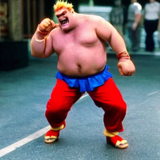 Image similar to Chris Farley as Blanka from Street Fighter ,photography, action shot