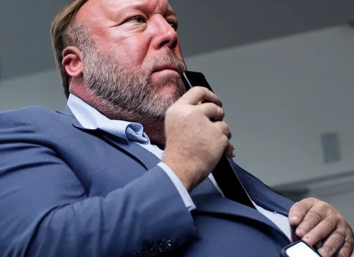 Prompt: dslr photo still of infowars host alex jones in a blue suit fat grey beard and mustache!!! sitting depressed!!! in a room filled to the ceiling with cell phones stacks of cell phones cell phones stacks cell phones filling the entire room, 5 2 mm f 5. 6