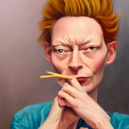 Image similar to an caricature of a young tilda swinton smoking a blunt, realistic oil painting by david levine, trending on art station, 4K