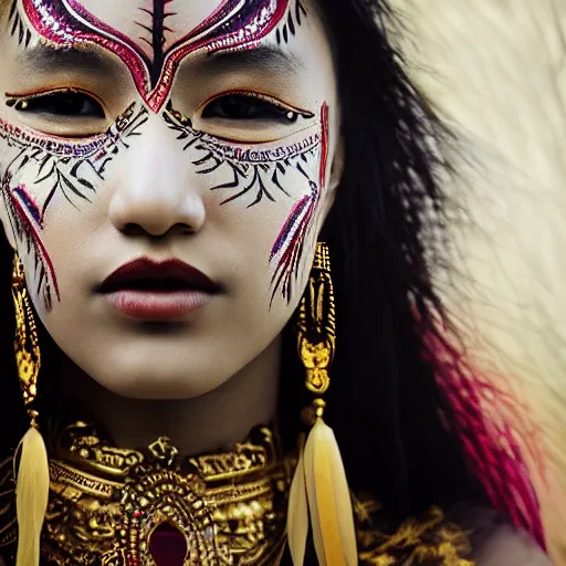 Image similar to portrait of a stunningly beautiful asian tribal female, small amount of traditional facepainting, feathers gold studded jewellery, depth of field, zeiss lens, detailed, symmetrical, centered, fashion photoshoot, by Annie Leibovitz and Steve McCurry, David Lazar, Jimmy Nelsson, Breathtaking, 8k resolution, extremely detailed, beautiful, establishing shot, artistic, hyperrealistic, beautiful face, octane render