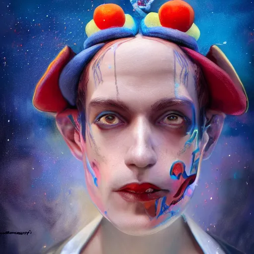 Prompt: a dmt jester wearing a fool's cap, hyperspace, huggy wuggy from poppy playtime video game, fullbody, ultra high detailed, oil painting, greg rutkowski, charlie bowater, yuumei, yanjun cheng, unreal 5, daz, hyperrealistic, octane render, rpg portrait, dynamic lighting, fantasy art, beautiful face