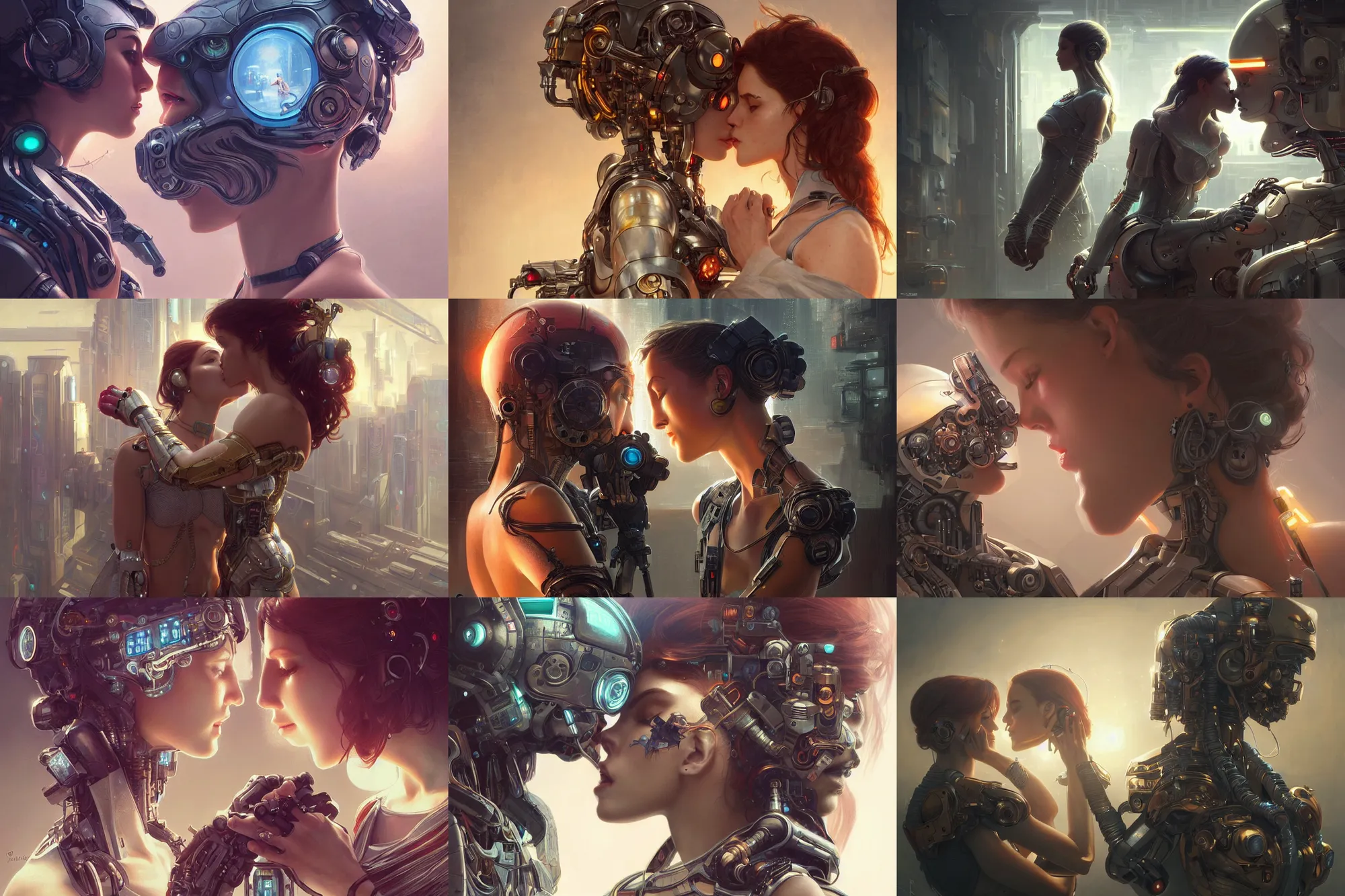 Image similar to Ultra realistic illustration, two women kissing a robot, cyberpunk, sci-fi, fantasy, intricate, elegant, highly detailed, digital painting, artstation, concept art, smooth, sharp focus, illustration, art by artgerm and greg rutkowski and alphonse mucha