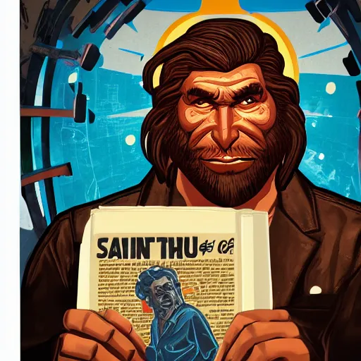 Image similar to saint homo neanderthalis portrait poster with book of science on his right hand, pop art, gta chinatown wars art style, bioshock infinite art style, hyperrealistic, two colors, paper border table, 4 k, remove duplicate content, justify contents center.