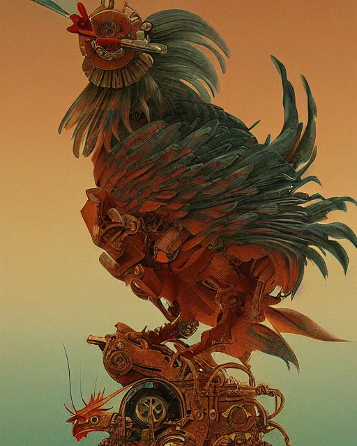 Image similar to digital painting of an ominous mechanical rooster, by wayne barlowe and bob pepper, dieselpunk, highly detailed, intricate, sharp focus, portrait, talons, anatomy, studio ghibli color scheme, tarot card