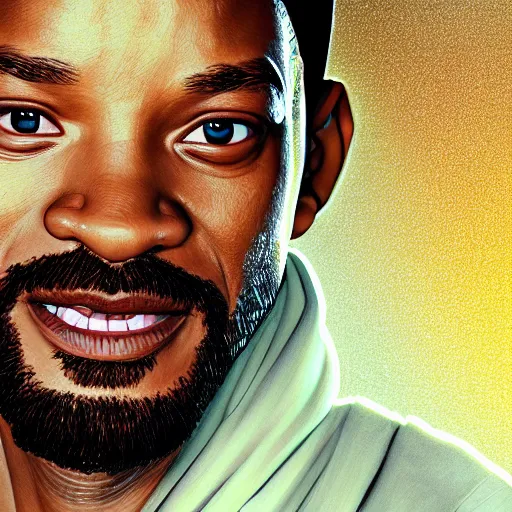 Image similar to portrait of will smith as jesus, au naturel, hyper detailed, digital art, trending in artstation, cinematic lighting, studio quality, smooth render, unreal engine 5 rendered, octane rendered, art style by klimt and nixeu and ian sprigger and wlop and krenz cushart.