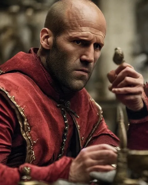 Image similar to bald jason statham cast as dijkstra in the witcher netflix series wearing soft red fabric aristocratic clothing, large outfit, royal attire, sitting at dining table,