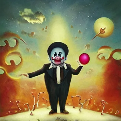 Image similar to a surreal and fantastic vision of the end of the world, dreamed by a sad clown