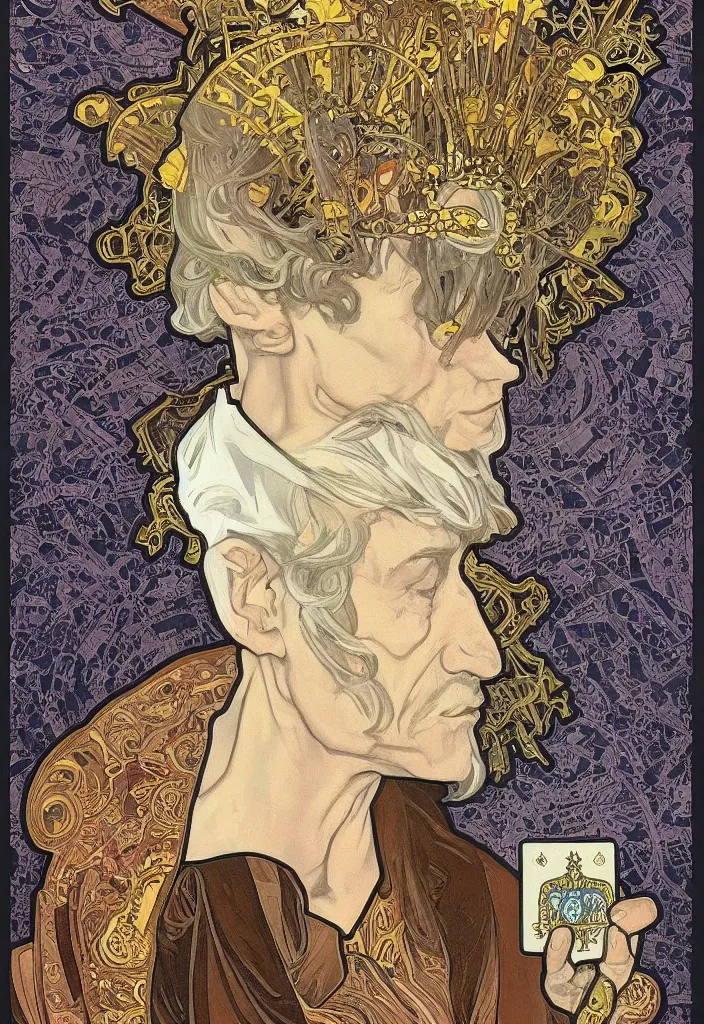 Image similar to realistic white - haired geoffrey hinton in a crown with neural networks on a tarot card, tarot in art style by alphonse mucha