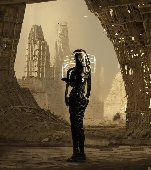 Image similar to tarkovsky greatest scene, the ancient destroyed majestic tower of babylon, woman in gantz suit, futuristic cyber clothing, transparent puffer jacket, hyperrealistic, blockchain, cyber world, ambient lighting, concept art, intricate, hyper detailed, smooth, dynamic volumetric lighting, octane, ray trace, cinematic, high quality, cgsociety