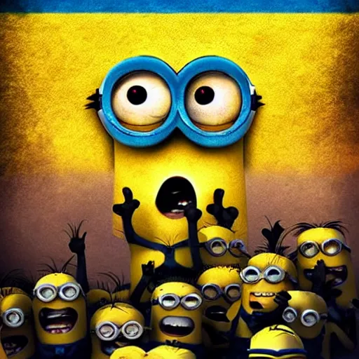 Image similar to minions holding the ukrainian flag, digital art, detailed, artstation