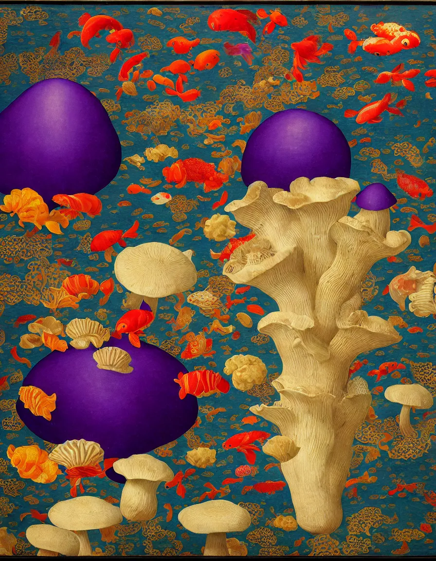 Prompt: vase of mushroom in the sky and under the sea decorated with a dense field of stylized scrolls that have opaque purple outlines, with colorful shells and koi fishes, ambrosius benson, oil on canvas, hyperrealism, light color, no hard shadow, around the edges there are no objects