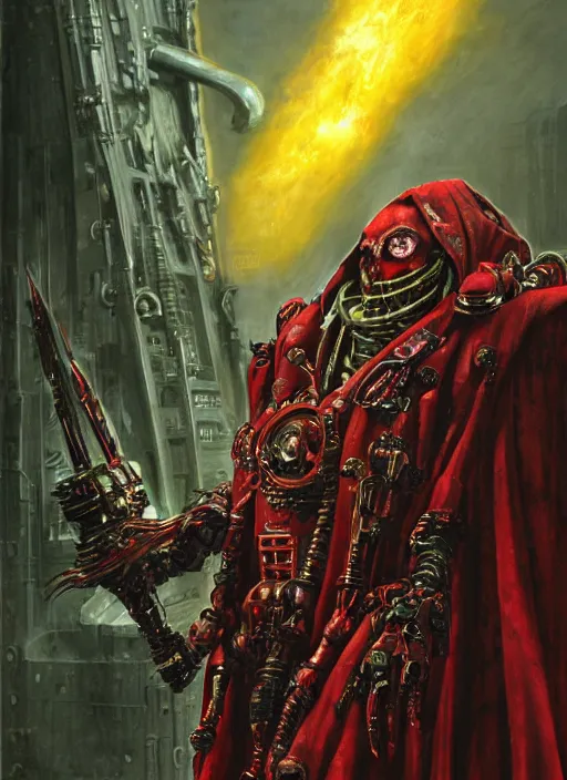 Image similar to portrait of rotten Nicolas Cage as adeptus mechanicus in red hood and robe from Warhammer 40000, mechanical tentacles. Highly detailed, artstation, illustration by and John Blanche and zdislav beksinski and wayne barlowe