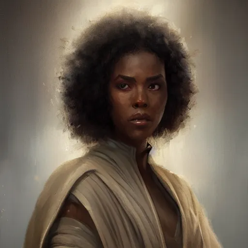 Image similar to portrait of a woman by greg rutkowski, youn jedi knight, black, afro hair, prettt, star wars expanded universe, she is about 2 0 years old, wearing jedi robes, highly detailed portrait, digital painting, artstation, concept art, smooth, sharp foccus ilustration, artstation hq