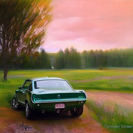 Prompt: green 1967 Ford Mustang GT, Swedish countryside, freedom, dawn, beautiful woman, atmospheric, painting by Vladimir Volegov