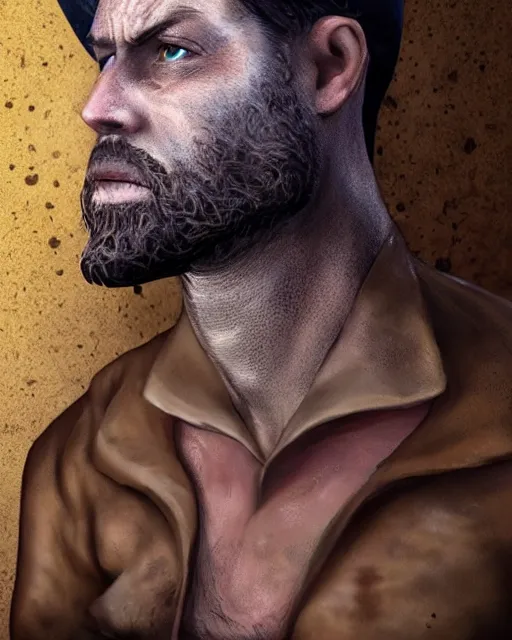 Prompt: portrait of muscular, tired and alcoholic 3 0 - year - old model man with short darkblonde hair, serious sad look in his eyes, dirty beard, blue eyes, crying, wearing dirty soldier uniform, on the desert, hyper realistic face, beautiful eyes, character art, art by mark brooks, hyperdetailed, cryengine, trending on artstation, digital art