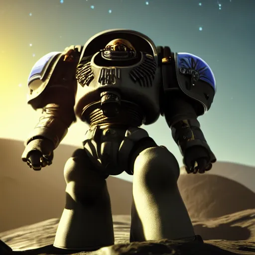 Prompt: A space marine on an alien planet defending his ship with large planets in the background, low poly unreal engine cinematic lighting, amazing graphics RTX on