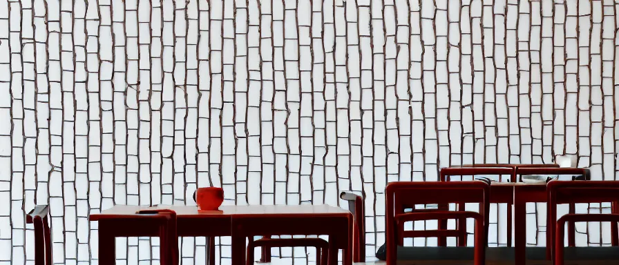 Image similar to a beautiful simple interior render of small roasted string hotpot restaurant restaurant yan'an, wall corner, from china, red paper wall and white tile floor, rectangle white porcelain table, black chair, fine simple delicate structure, chinese style, simple composition, simple style structure decoration design, victo ngai, 4 k hd