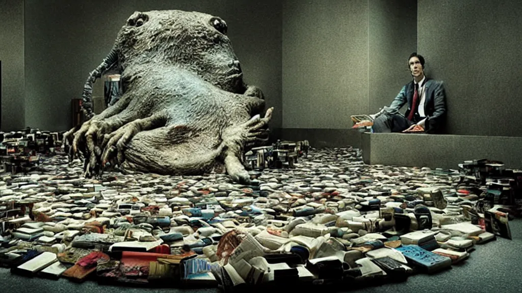 Image similar to the strange creature in a bank, made of magazines and water, film still from the movie directed by Denis Villeneuve with art direction by Salvador Dalí, wide lens