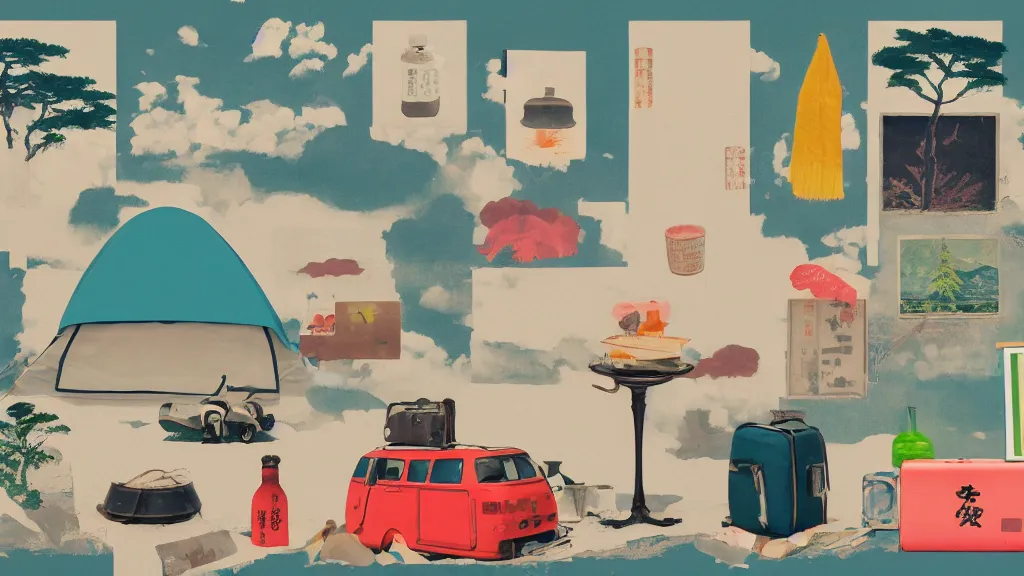 Image similar to an arrangement of camping traveller props, japan, a collage painting, in the style of wes anderson, lola dupre, david hockney, isolated on negative white space background dark monochrome neon spraypaint accents volumetric octane render