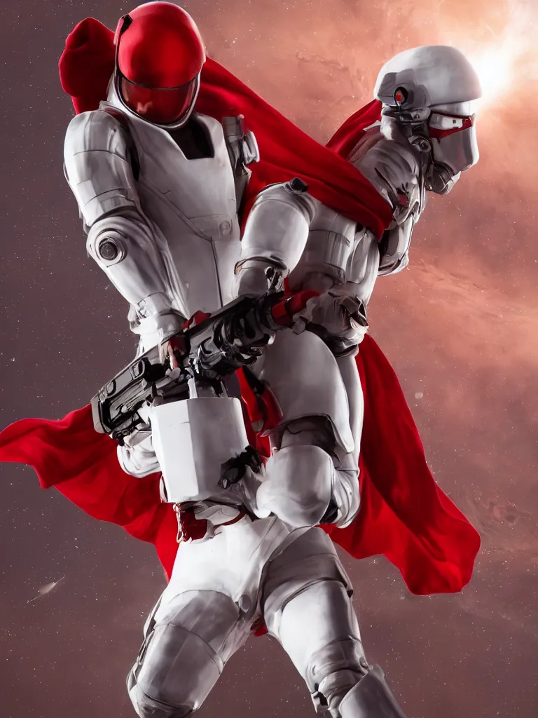 Prompt: space infantry man in glossy sleek white armor with small red details and a long red cape heroic posture brandishing laser rifle, on the surface of mars, night time, dramatic lighting, cinematic, sci-fi, hyperrealistic, movie still