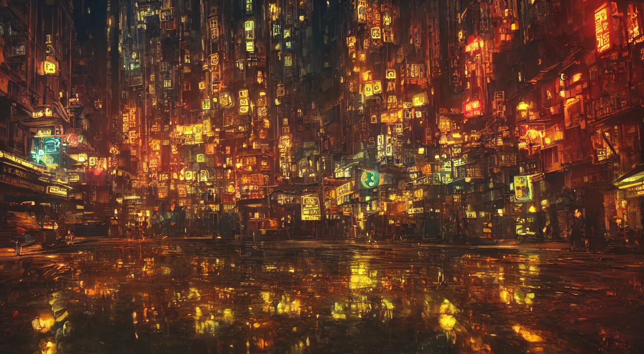 Prompt: steampunk hong kong city street at night, neon signs, rain and reflections on the ground, art deco architecture, movie concept art, lush vegetation, trees, flowers, steam, smoke, junk, air ships, octane render, photo realistic, highly detailed, trending on artstation