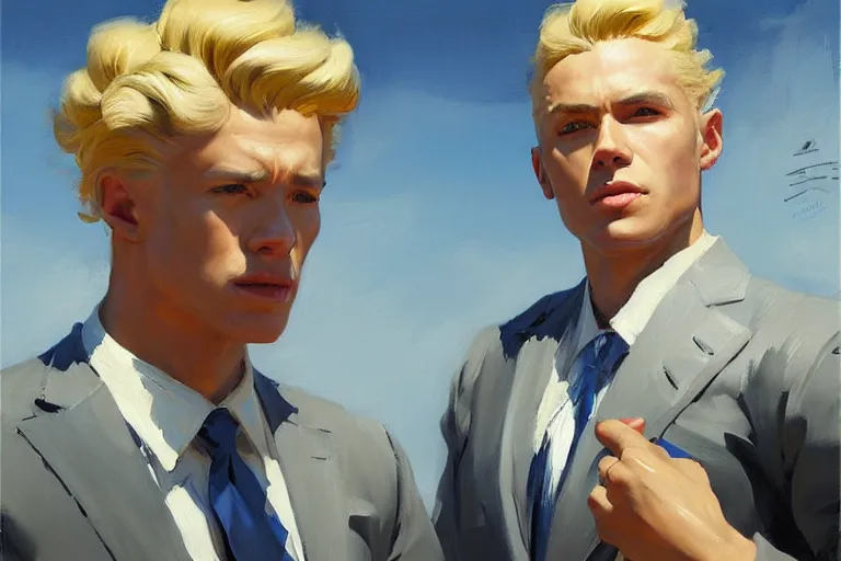 Image similar to greg manchess portrait painting of a blond man in a blue suit with a sword and a pistol, asymmetrical, profile picture, organic painting, sunny day, matte painting, bold shapes, hard edges, street art, trending on artstation, by huang guangjian, gil elvgren, ruan jia, randy vargas, greg rutkowski