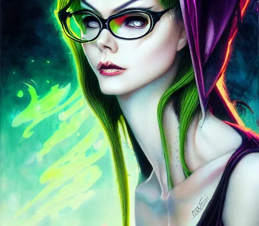 Image similar to a Demon Slayer portrait of Bayonetta , tall, pale-skinned, and slender woman with lime green eyes and long eyelashes by Stanely Artgerm,Tom Bagshaw,arthur adams,Carne Griffiths,trending on DeviantArt,street art,face enhance,chillwave,maximalist,full of color,glittering