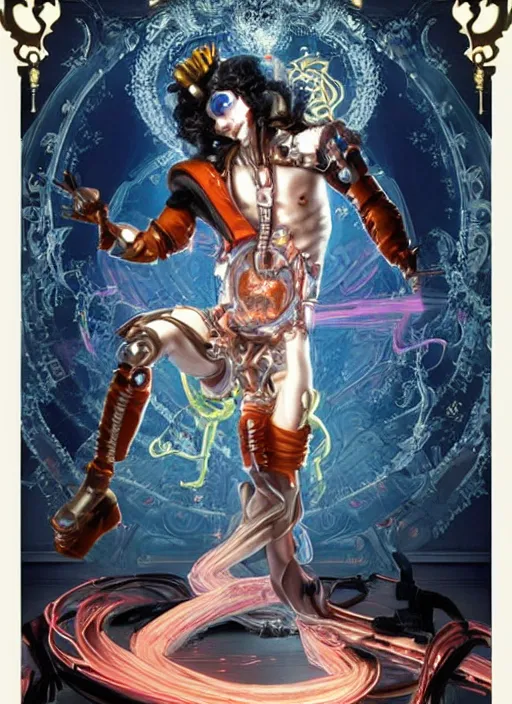 Image similar to full-body rococo and cyberpunk style sculpture of a young seductive Latino prince half android with a chest exposing circuitry, glowing pink seductive laser eyes, crown of blue sparks and diamonds, swirling orange-colored silk fabric, robotic raptors. baroque elements. full-length view. intricate artwork by caravaggio. art by Artgerm and Greg Rutkowski and Alphonse Mucha, Trending on artstation, cinematic industrial lighting, hyper realism, octane render, 8k, depth of field, 3D