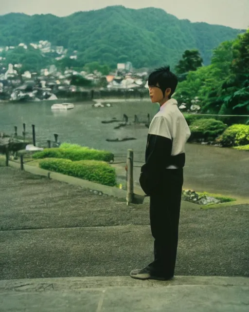 Image similar to a lomographic photo of old pacific rim ( 2 0 1 3 ) jaeger, standing in typical japanese yard in small town, hikone on background, cinestill, bokeh