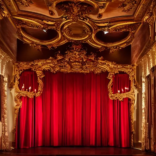 Prompt: an opera scenography of a barroque room, red color scheme.