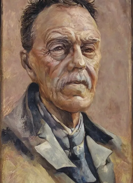 Prompt: Portrait Bust oil painting of and Old cyborg man by Jama Jurabaev with Robot eye Monocle, Art Deco, Gold, Cyborg, Brass, no glasses, Bust Portrait, Steam Punk, Wearing a worn out brown suit, extremely detailed, brush hard, brush strokes, Dorothea Lange, Migrant Mother, artstation