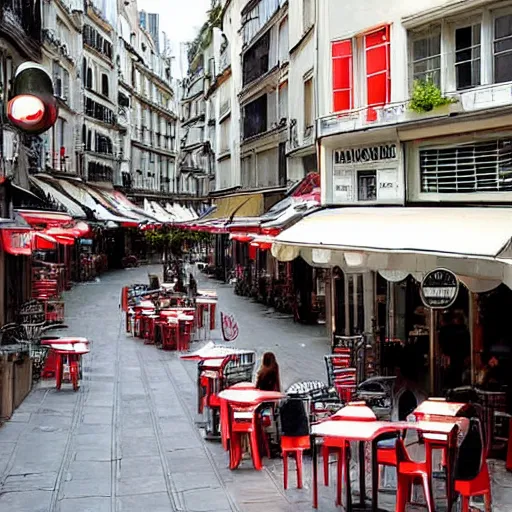 Prompt: une rue de paris vide avec des voitures garees, un restaurant avec une terrasse, des boutiques avec des neons, en debut de matinee ( ( ( en 2 0 1 0 ) ) )