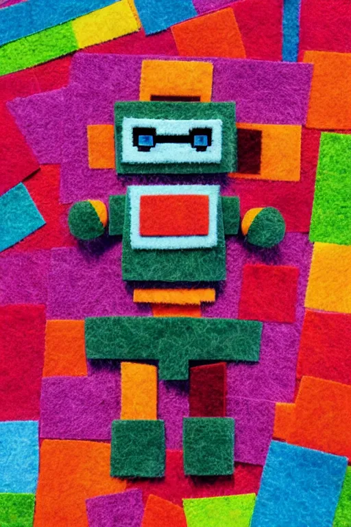 Prompt: a big pile of felt that looks like a anime robot character with colorful blocky details, pointillism