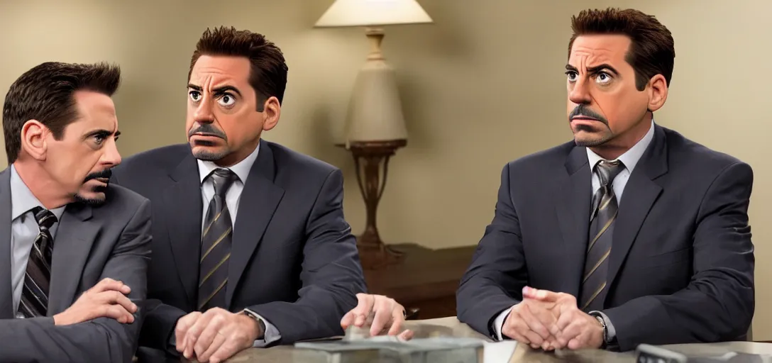 Image similar to a very high resolution image of tony stark with micheal scott. from an episode of the office. photorealistic, photography