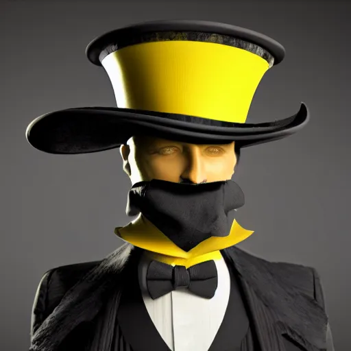 Prompt: a highly detailed portrait of a man in a high top hat covering his face, in a black tailcoat with a yellow waistcoat under the tailcoat, artstation, deviantart, professional, octane render, unreal engine 5