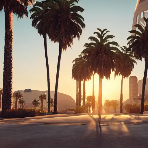 Image similar to a unreal engine scene, los angeles, palms, sunset, concept art, hyperrealistic, trending on artstation, high quality, highly detailed, path traced, soft lighting, soft colors, digital art, 8 k hdr, octane render, unreal engine 5,