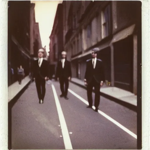 Prompt: wide-shot low angle of empty formal suits walking down the Night Vale street, polaroid photo, by Andy Warhol