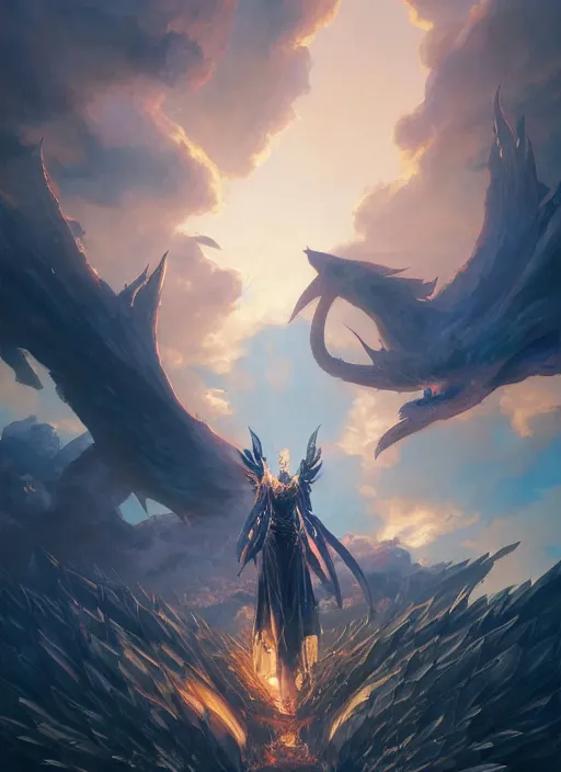 Image similar to detailed bahamut from final fantasy, art by greg rutkowski, loish, rhads, ferdinand knab, makoto shinkai and lois van baarle, ilya kuvshinov, rossdraws, tom bagshaw, global illumination, radiant light, detailed and intricate environment