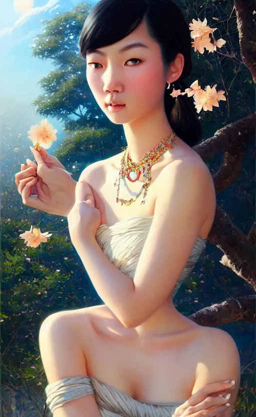 Image similar to a beautiful young charming asian goddess with sundress + jewelry + shinny eyes | | winter, symmetric, realistic shaded, unpleasant face, good looking, fine details, dior, lv, realistic shaded lighting poster by greg rutkowski, macoto takahashi, magali villeneuve, artgerm, jeremy lipkin and michael garmash