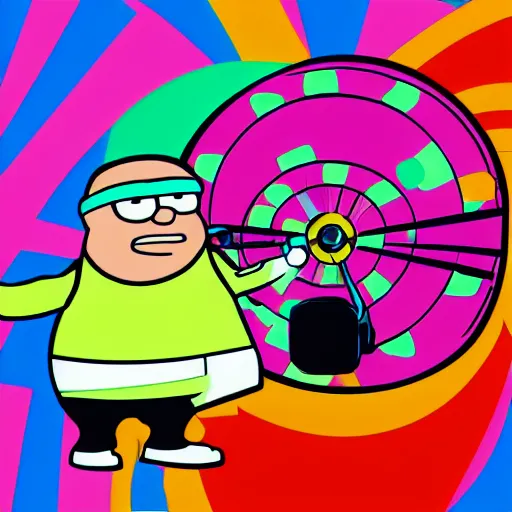 Image similar to svg sticker of a Family-Guy Peter-Griffin at a rave, spinning records, giant headphones rocking out, wearing headphones, huge speakers, dancing, rave, DJ, spinning records, digital art, amazing composition, rule-of-thirds, award-winning, trending on artstation, featured on deviantart