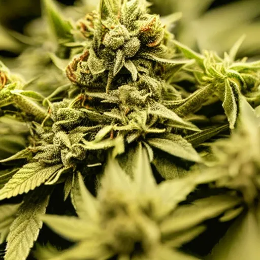 Prompt: marijuana flower with buds covered in trichomes, close - up highly - detailed