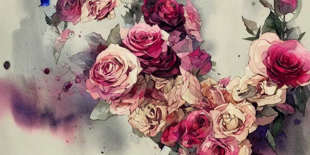 Prompt: a beautiful insanely intricate watercolor illustration of modern stil life with roses, reflexions, colorfull, by william turner art, by greg rutkowski, by james jean, by rossdraws, by frank franzzeta, by sakimichan, by edmund dulac, trending on artstation, insanely detailed, masterpiece,