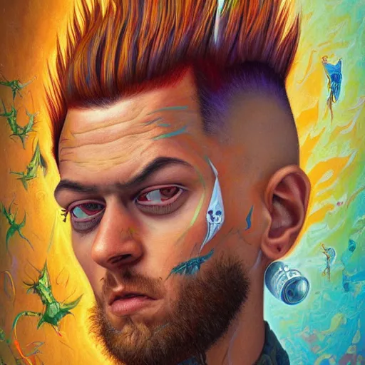 Image similar to lucky mohawk projector portrait by gaston bussierre and charles vess and james jean and erik jones and rhads, inspired by rick and morty, epic, funny, huge scale, beautiful fine face features, intricate high details, sharp, ultradetailed