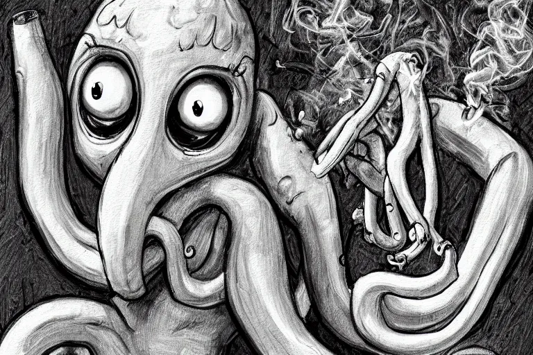 Prompt: squidward smoking crack, digital painting masterpiece, intricate detail, beatiful brush strokes, 4 k wallpaper, stylized yet realistic anatomy and faces